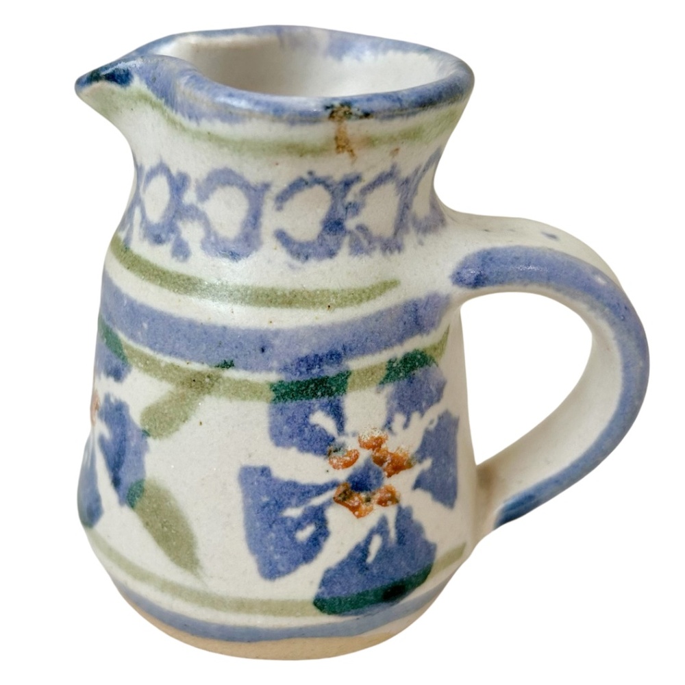 Small Creamer Pitcher Pottery Hand Painted Portugal French Cream Blue Flower